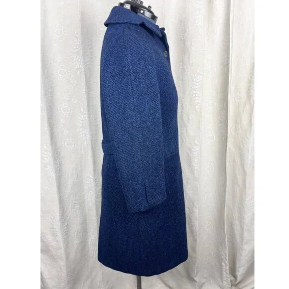 Harris Tweed blue wool overcoat vintage collared long winter coat classic flawed - Picture 7 of 14